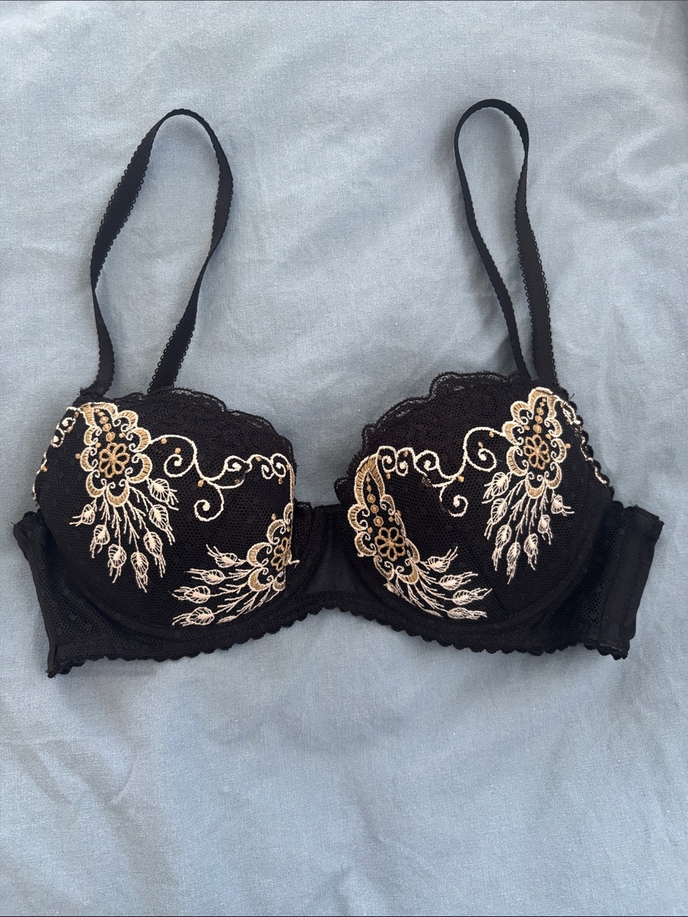Black Embroidered Underwire Lace Bra with Gold Detailing 32 C from Europe /70C